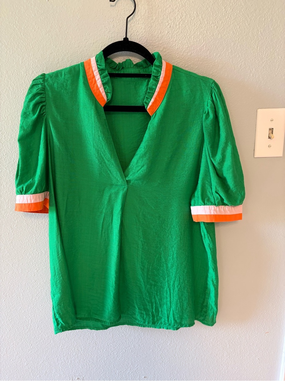 Green Puff Sleeve V-Neck Top with Orange & White Trim
